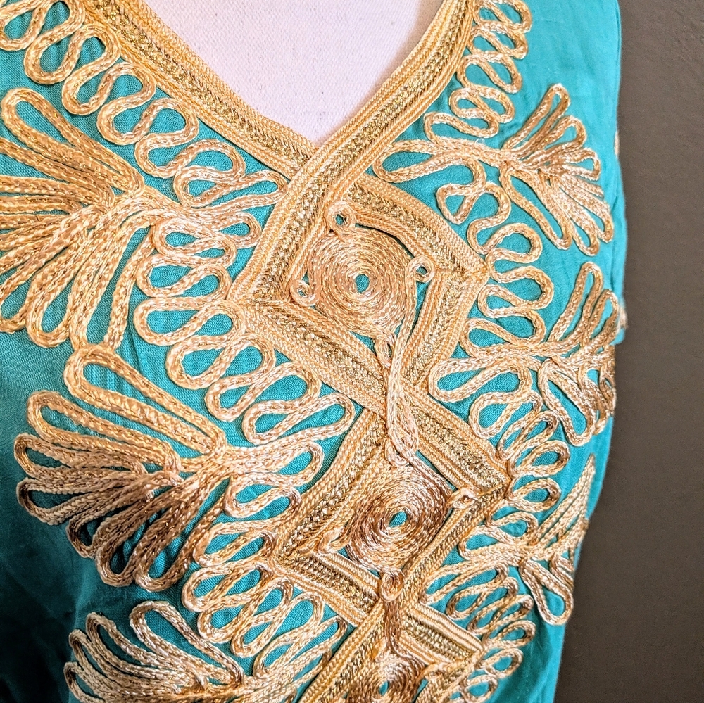 Turquoise Kaftan with Gold Embroidery - Picture 3 of 5